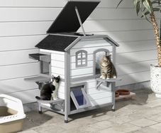 2-Story Indoor or Outdoor Cat House W/ Escape Door, Cat Shelter, White