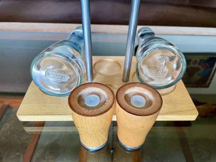 Vintage Bodum Oil Vinegar Salt Pepper Cruet Set by Georg Fontana Danish Beechwood with Aluminum 1990s
