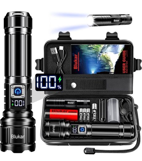 Torch Rechargeable, 500000 Lumens Torches LED Super Bright Flashlight, Adjustable Focus, 5 Modes, 5000 mAh Long Lasting, IP67 Waterproof, Smart Digital Display for Camping, Power Cuts,Emergency