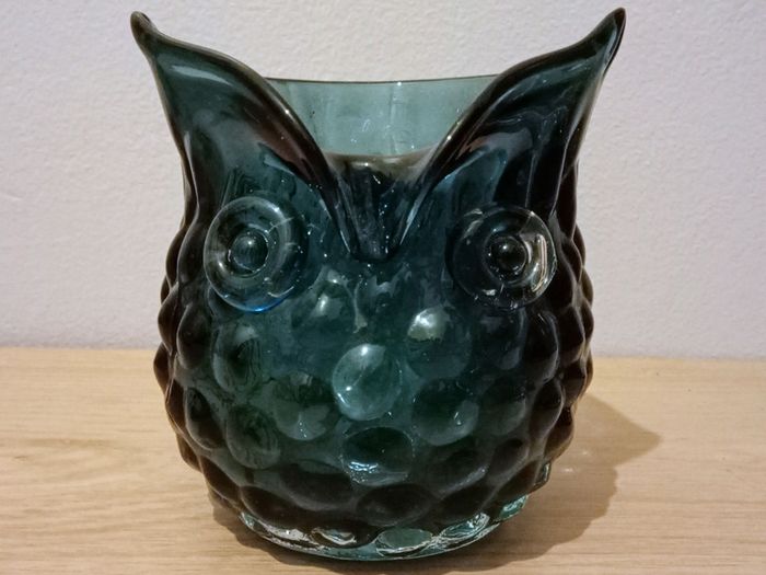 Vintage Hand Blown Glass Owl Shaped Vase. Murano Style, Dark Blue Colour.