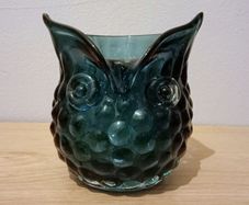 Vintage Hand Blown Glass Owl Shaped Vase. Murano Style, Dark Blue Colour.