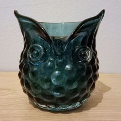 Vintage Hand Blown Glass Owl Shaped Vase. Murano Style, Dark Blue Colour.