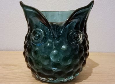 Vintage Hand Blown Glass Owl Shaped Vase. Murano Style, Dark Blue Colour.
