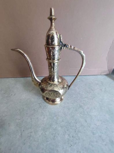 brass ewer, teapot, Indian brass pot engraved with flowers and foliage, vintage from the 1970s