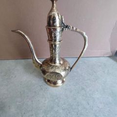 brass ewer, teapot, Indian brass pot engraved with flowers and foliage, vintage from the 1970s
