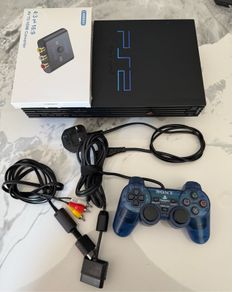 Sony PlayStation 2 (PS2) Console | Original DualShock 2 Blue Controller | AV Cable Sony | AV to HDMI Adapter