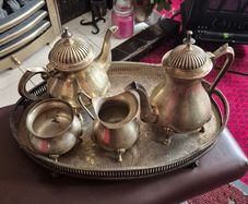 silver style teapot jug and coffee pot and sugar bowl  with tray