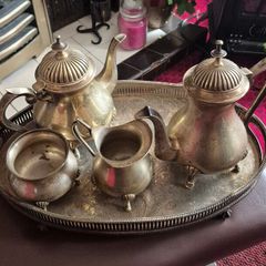 silver style teapot jug and coffee pot and sugar bowl  with tray