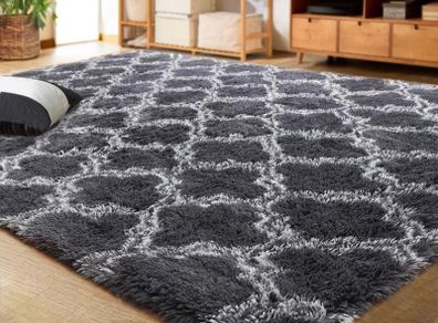 Luxury Velvet Shag Area Rug Modern Indoor Plush Fluffy Rugs, Extra Soft and Comfy Carpet, Geometric Moroccan Rugs for Bedroom Living Room Girls Kids Nursery, 5x8 Feet Dark Grey/White MULTIPLE COLOURS AVAILABLE (FREE POSTAGE)