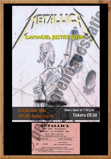 Metallica Vintage Concert Poster Top Hat Dunlaoghaire Dublin 1988 + Ticket Reproduction Print