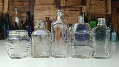 477 - Set of 5 Vintage Clear Glass Cork Screw Top Collectible Decorative Bottles