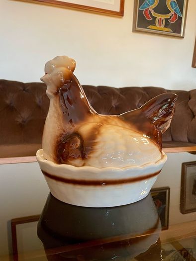 Vintage Rustic Cream Ceramic Hen on Nest Egg Keeper Storage Jar