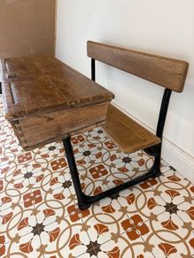 Vintage Oak School Desk with Cast Iron Frame and Bench