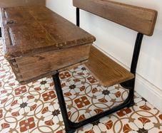 Vintage Oak School Desk with Cast Iron Frame and Bench