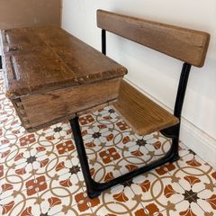 Vintage Oak School Desk with Cast Iron Frame and Bench
