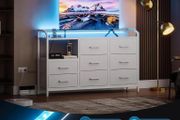 Black Chest of Drawers Bedroom, with LED Light trip with 10 Adjustable Colors and 2 USB and 2 AC Outlets, Includes 8 Large Fabric Drawers, Suitable for Bedroom, Living Room, 110 x 30 x 88, White