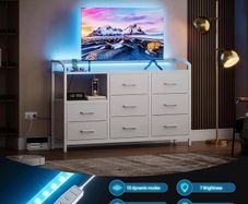 Black Chest of Drawers Bedroom, with LED Light trip with 10 Adjustable Colors and 2 USB and 2 AC Outlets, Includes 8 Large Fabric Drawers, Suitable for Bedroom, Living Room, 110 x 30 x 88, White