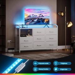 Black Chest of Drawers Bedroom, with LED Light trip with 10 Adjustable Colors and 2 USB and 2 AC Outlets, Includes 8 Large Fabric Drawers, Suitable for Bedroom, Living Room, 110 x 30 x 88, White