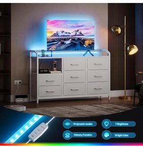 Black Chest of Drawers Bedroom, with LED Light trip with 10 Adjustable Colors and 2 USB and 2 AC Outlets, Includes 8 Large Fabric Drawers, Suitable for Bedroom, Living Room, 110 x 30 x 88, White