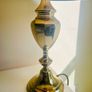Vintage Brass Table Lamp with Navy Blue and Gold Trim Shade Image 2