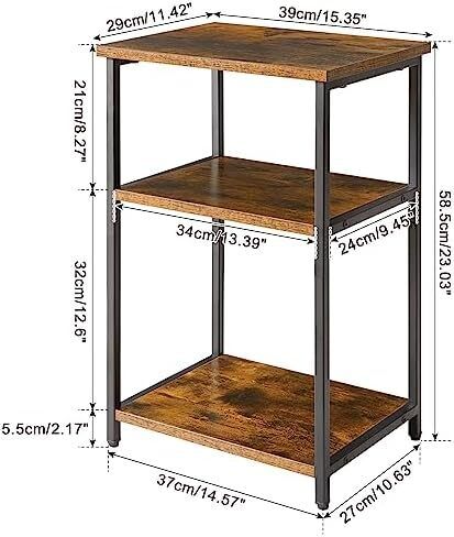 Industrial Side Table,End Table,Nightstand,3-Tier Storage Shelves,Steel Frame,for Hallway,Sofa,Living Room, Bedroom,Rustic Brown, 39 x 29 x 58.5 cm