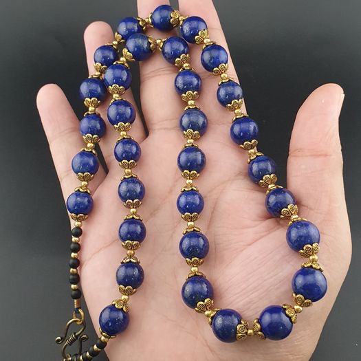 Vintage Blue Lapis Lazuli & Brass Beads Gemstone Necklace