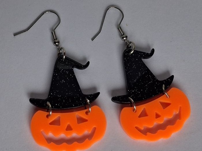 Glitter Witch Hat Jack O' Lantern Pumpkin Earrings