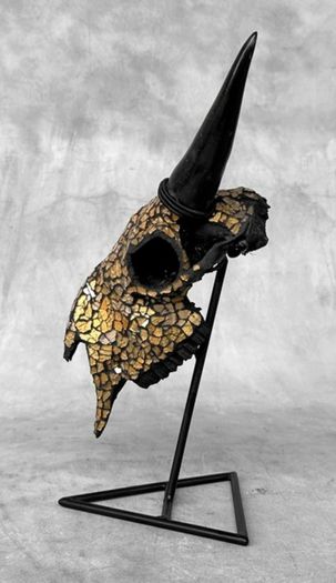 Mosaic-Embellished Real Goat Skull - Bone, Mosaic inlay