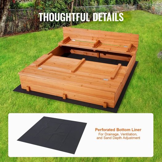 Wooden Kids Sandbox with Foldable Bench Seats & Bottom Liner, Natural Wood Outdoor Sand Pit for Backyard, Garden & Play Area, 52.4 x 47.2 x 16.9 Inches
