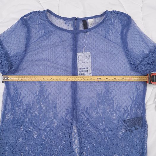 H&M Blue Sheer Floral Lace Boxy Blouse Top 8UK/36EU