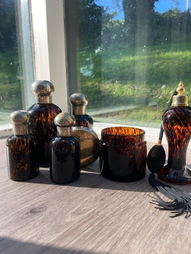 Vintage Amber Tortoiseshell Glass Dressing Table or Vanity Set of 6 Pieces