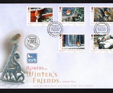 2004 Isle of Man Robins Winters Friends by Jeremy Paul Commemorative Stamps First Day Cover (FDC)