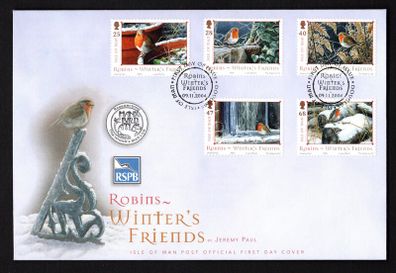 2004 Isle of Man Robins Winters Friends by Jeremy Paul Commemorative Stamps First Day Cover (FDC)