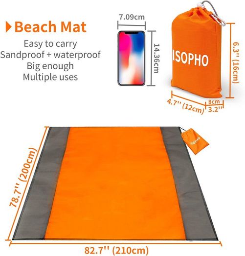 Beach Mat Picnic Blanket, Extra Large 210 x 200cm Beach blanket Waterproof Sandproof Water Resistant Picnic Blanket with 4 Fixed Nails, Reinforced Edging for Beach, Camping, Hiking & Picnic