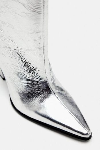 Zara Leather Block Heel Knee-high Boots Silver