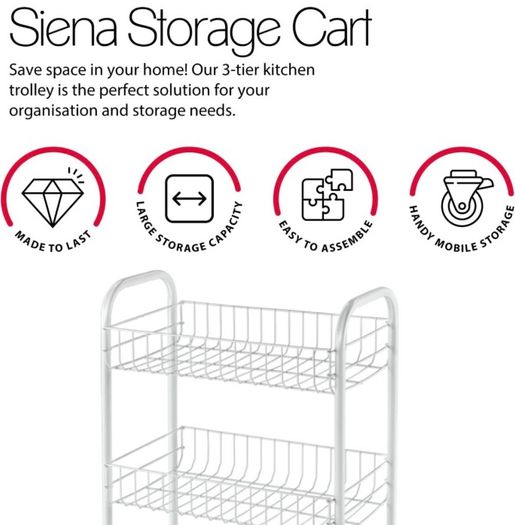 Service Trolley Siena with 3 Stages, Metal, White, 23 x 41 x 63 cm (FREE POSTAGE)