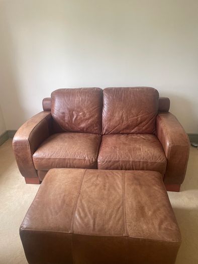 Brown Leather Couch and Poof