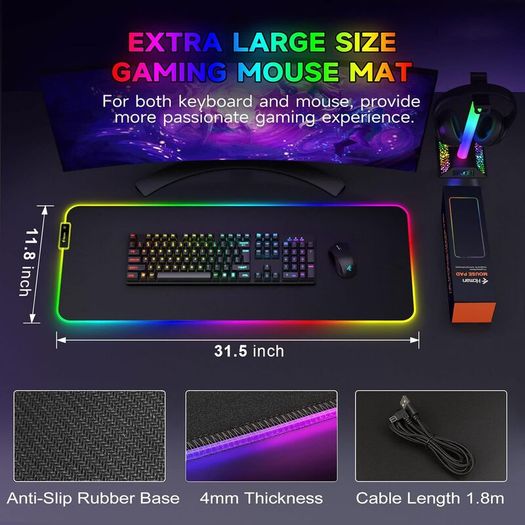 RGB Gaming Mouse Mat Pad, Large Thick  XXXL Extended Led Mousepad with NonSlip Rubber Base, Soft Computer Keyboard Mice Mat for Macbook, PC, Laptop, Desk Black