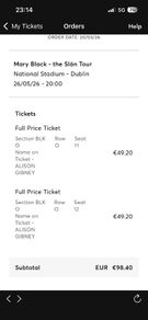 Mary Black - Slan Tour Tickets (national stadium) WILL ACCEPT OFFERS