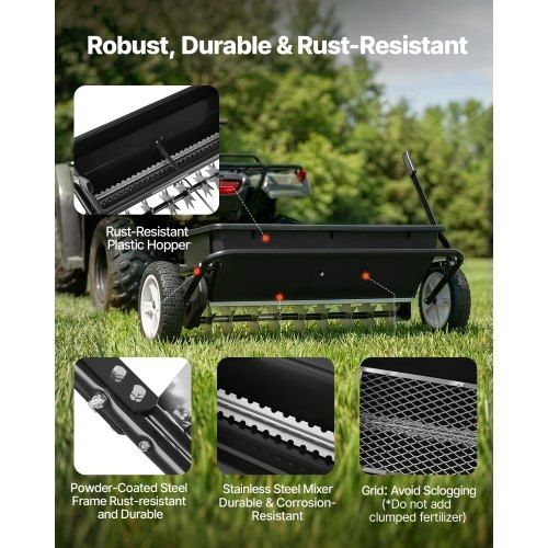 Tow Behind Lawn Spreader with Aeration Spikes, 0.81m Spreading Width, Broadcast Spreader with Universal Hitch, Garden Seeder & Soil Aerator with 100lbs Capacity & 10 in Tires for ATVs UTVs