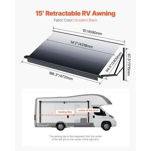 Motorized RV Awning Complete Kit, 15' Retractable Awning with Aluminum Alloy Frame, Outdoor Trailer Awning, Fit for Most RVs(Black Fade)