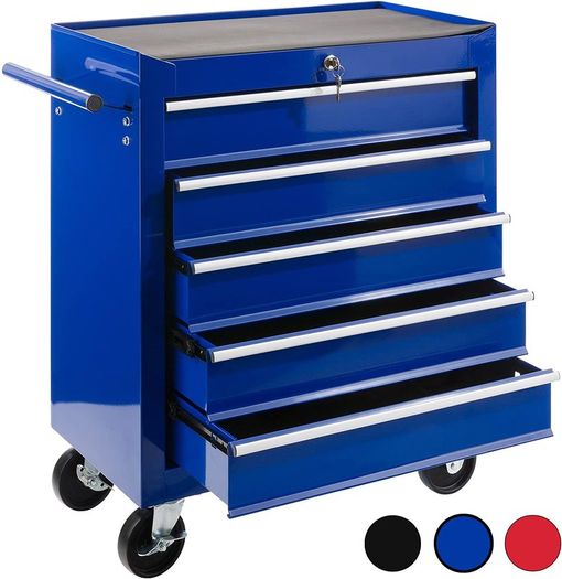 Workshop Trolley 5 Compartments Central Lockable Anti-slip Coating Wheels With Parking Brake Solid Metal