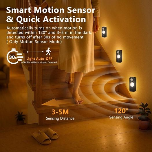 LED Motion Sensor Lights Indoor, Rechargeable Cupboard Lights with 3 Modes, Stick-On Dimmable Wireless USB Wardrobe Light for Drawer, Shelf, Stairs, Hallway, Under Cabinets, Warm White(4 Pack) [Energy Class A+]