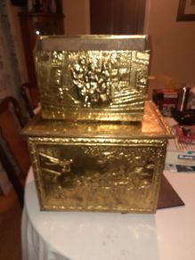 vintage brass log box and magazine rack