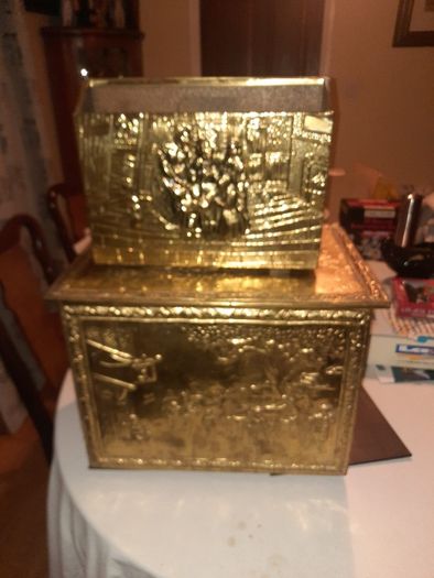 vintage brass log box and magazine rack
