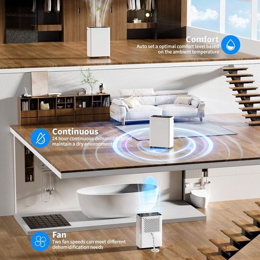 Dehumidifiers for Home, 12L/Day Dehumidifier for Bedroom with Automatic Humidity Sensor Auto Defrost 24H Timer, Continuous Drainage Ultra Quiet Dehumidifiers for Drying Clothes Damp
