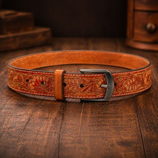 Unisex Genuine Leather Belt Vintage Embossed Design with Antique Buckle Casual & Formal Waist Belt