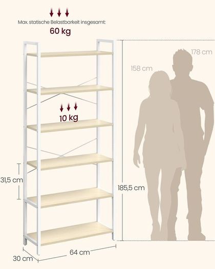 Bookcase with 6 levels and steel 6 Tier Bookcase Steel Frame Freestanding Shelf Living Room Bedroom Study ndustrial Design