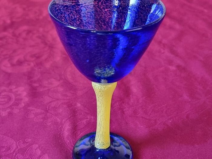 Murano Style Cobalt Blue And Yellow Glass Stemmed Goblet