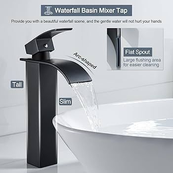 Waterfall High Rise Black Basin Mixer Taps, Square Monobloc Basin Tap, Single Handle Bathroom Sink Mixer Tap